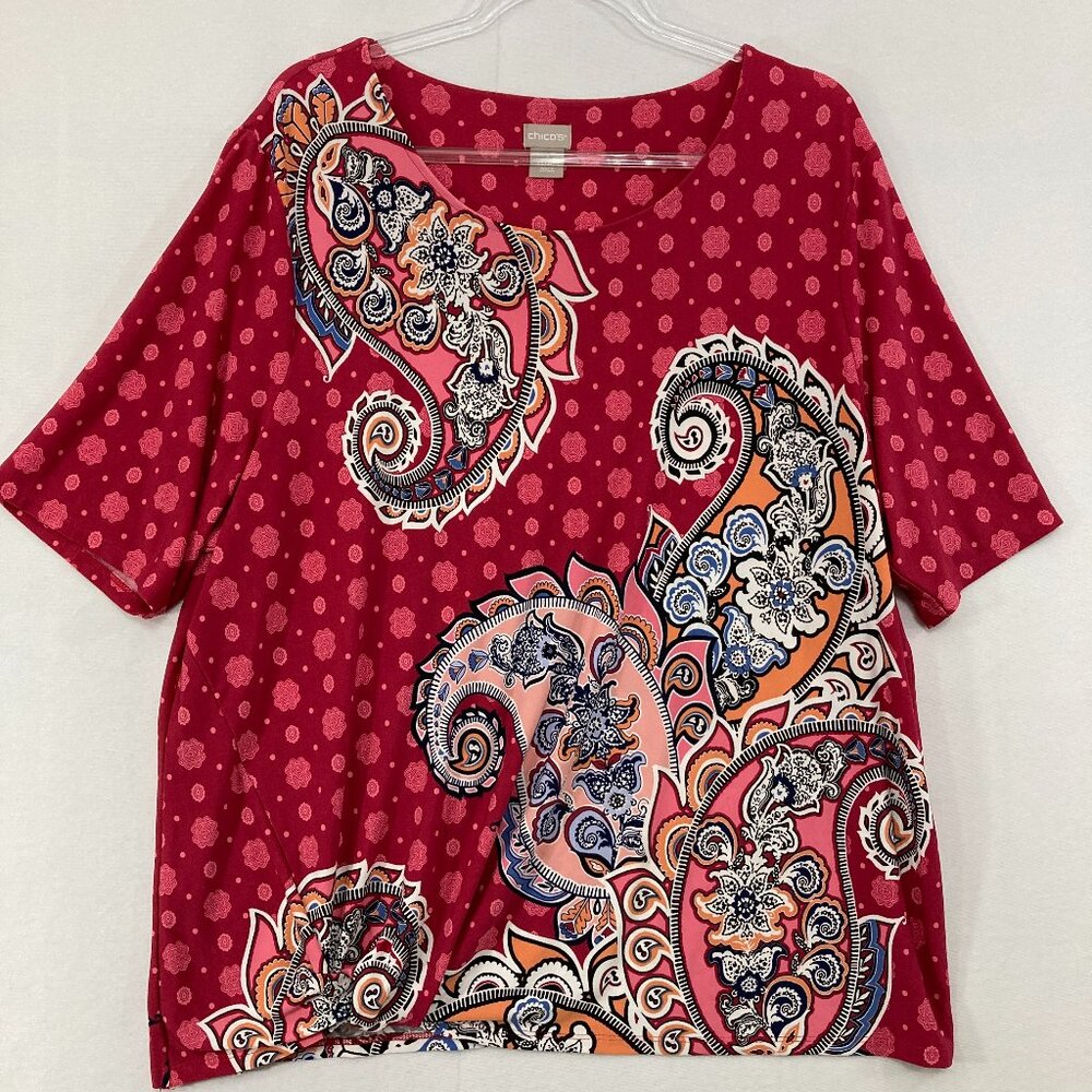 Chico's Top size XL/3‎ Multi Color Paisley Artsy Stretch Knit Comfy Blouse